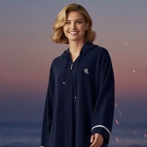 Lauren Ralph Lauren Women’s Hooded Lounge Cardigan Robe Navy Blue Zip Front XL